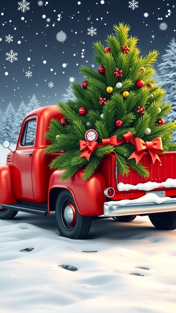 Vintage red truck with Christmas tree in snowy landscape wallpaper.